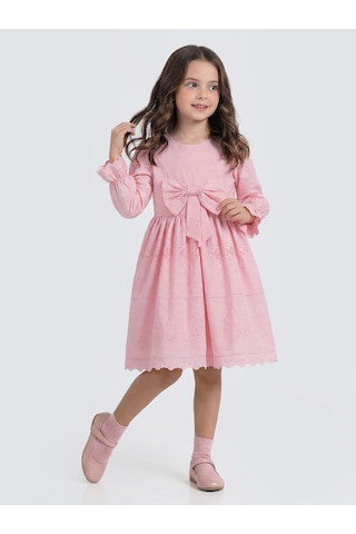 Pina Kids Kız Çocuk Uzun Kollu Önü Kurdelalı Fisto Elbise Pembe