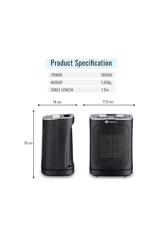 Puremate Seramik Fanlı Isıtıcı, 2 Isıtma Ayarlı 1800w Taşınabilir Elektrikli Isıtıcı Fanlı Isıtıcılar Siyah