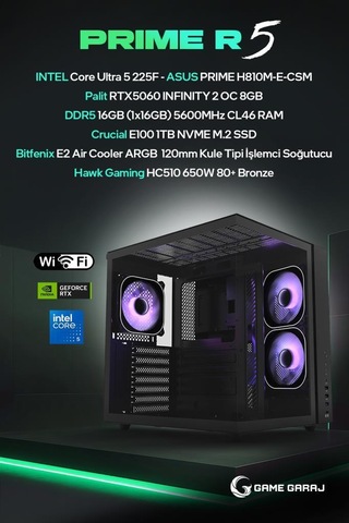 Game Garaj PRIME-R5 Ultra 5 225F RTX5060 16 GB 1 TB SSD Free Dos Oem Paket Masaüstü Oyuncu Bilgisayarı