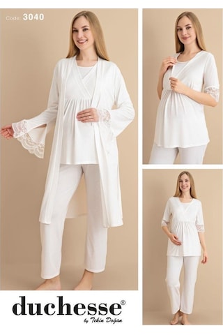 Duchesse 3040 Ekru 3'lü Hamile Lohusa Pijama Sabahlık Takım