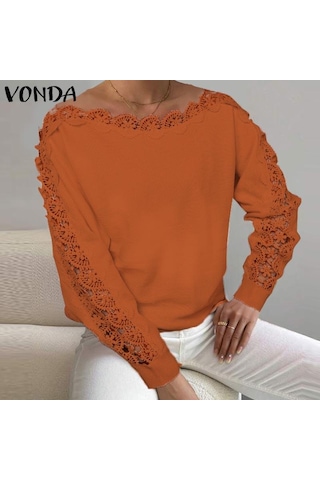 Vonda Kadın Sonbahar Dantel Yuvarlak Yaka Uzun Kollu Kazak Kazaklar Turuncu