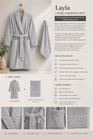 Layla Soft Unisex Bornoz Bornoz Erkek Bornoz Kadın Bornoz Hediyelik Sabahlık Çeyiz Gri