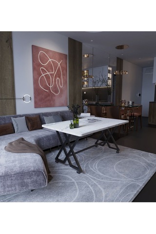 Makbulce Reyyan Orta Sehpa Siyah Metal Ayak Tekerlekli Beyaz Mermer