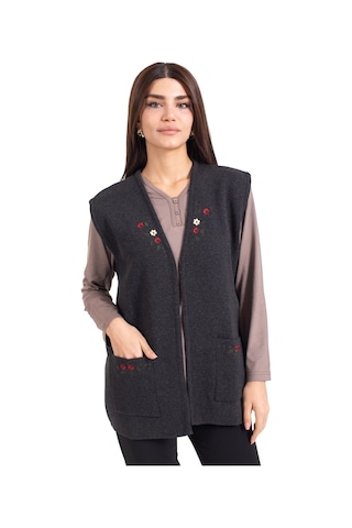 Kadın Orta Yaş Ve Üzeri Triko Örgü Düğmesiz Kanaviçe Desen Nakışlı Anne Yelek 310-siyah-füme Çok Renkli