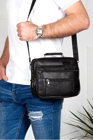 Newish Polo Erkek Hakiki Deri Çelik Kasalı Omuz Ve El Çantası Orta Boy - New416 Siyah