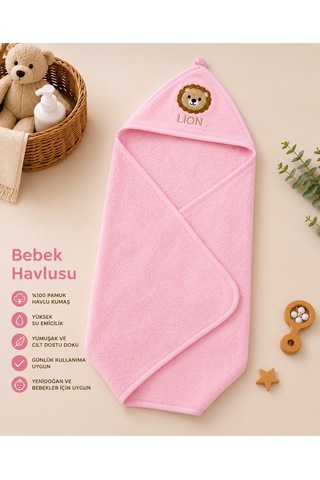 Kapüşonlu Bebek Bornoz Havlu %100 Pamuk Aslan Nakışlı Yumuşak Banyo Havlusu Pembe Açık Pembe