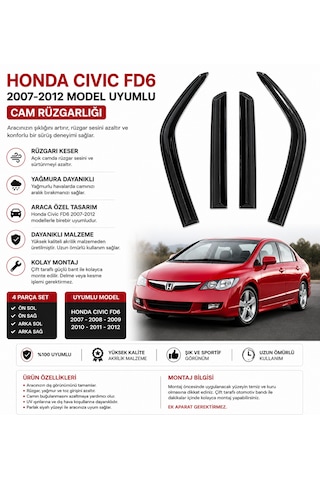 Honda Cıvıc Vtec 2001-2006 Model Uyumlu Cam Rüzgarlığı 4 Parça Set