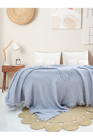 4 Katlı Müslin Yatak Örtüsü - Bebek Mavisi Renk Çift Kişilik Pike Açık Mavi