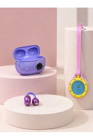 Şarj Kutulu Kablosuz Kulaklık Ve Pembe Çanta Charm Analog Saat Seti Müzik Ve Aksesuar Bir Arada Altın