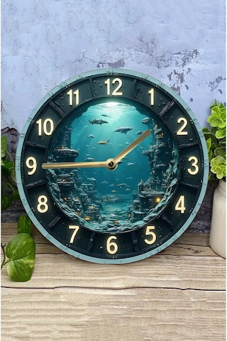 Derin Mavi Atlantis Zamanı 3d Duvar Saati Sdw262 Renkli