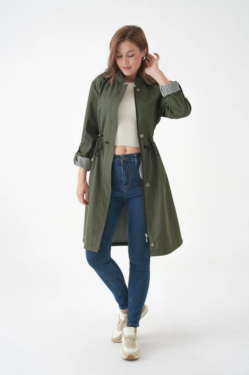 Kadın Rüzgar Ve Su Geçirmez Bondit Kumaş Çıkarılabilir Düğmeli Kapüşon Beli Tünelli Mevsimlik Trençkot Haki