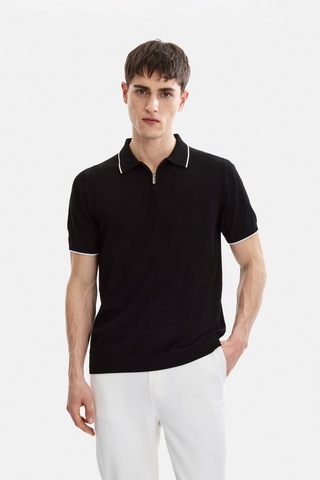 Back And Bond Siyah Fermuarlı Polo Yaka Regular Fit Örme Triko
