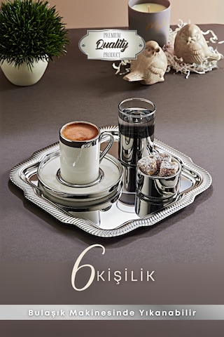 Grimorlife 6 Kişilik Tepsili Gümüş Porselen Fincan Seti Damat Kahvesi-söz Nişan Türk Kahvesi Kahve Fincanı Gümüş