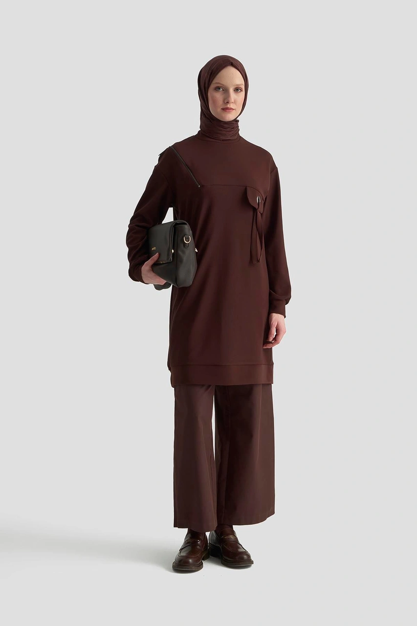 Armine Trend Cep Kapağı Kuşgözü Detaylı Fitilli Tunik Koyu Kahve 25kt453 Koyu Kahve