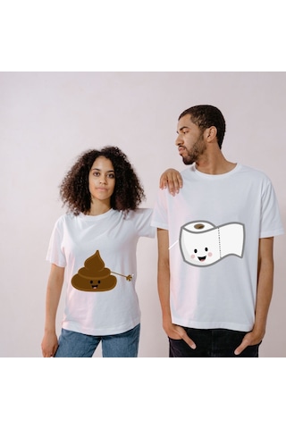 Sevimli Kaka Ve Tuvalet Kağıdı Tasarımlı Eş Tişörtleri - Komik Sevgili Tshirt Kombini Beyaz