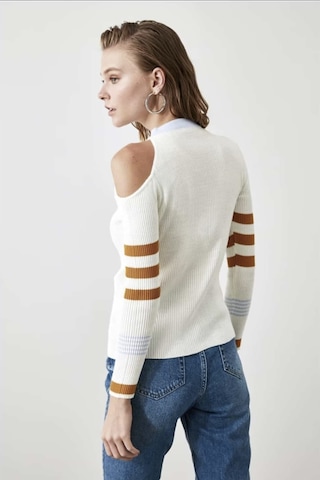 Omuz Pencere Detay Bluz Slim Fit Kemer Seviye Triko Kazak Ekru