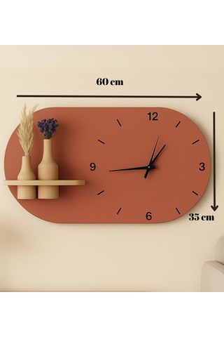 Modern Tasarım Raflı Nera Duvar Saati 60x35 Turuncu