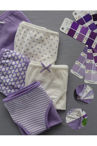 Alya Underwear Kız Çocuk Kalpli Dokuma Lastik Pamuklu Kumaş Slip Külot 5'li Paket 5 Adet Beyaz Lila P28