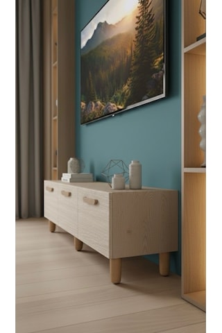 Modern Mobilya Berlin Tv Ünitesi Tv Sehpası Ayaklı Sarı Mermer Desenli 3 Kapaklı 150 Cm Beyaz