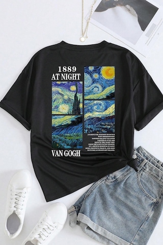 Unisex Van Gogh Baskılı Oversize Tshirt Siyah