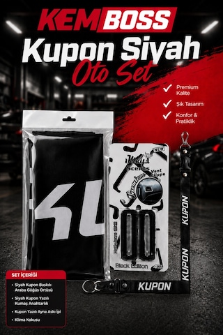 Kemboss Kupon Siyah Oto Seti Göğüs Örtüsü Black Edition Klima Kokusu Ayna Askı İpi Anahtarlık