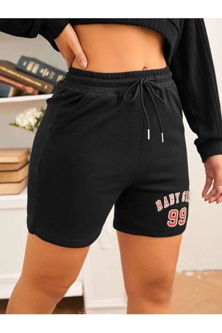 Siyah Kısa Baby Girl Şort - Penye Baskılı Kordonlu Siyah