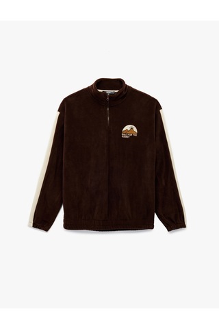 Koton Regular Fit Renk Bloklu Nakışlı Yarım Fermuarlı Polar Sweatshirt Kahverengi 7wam70050mk Kahve