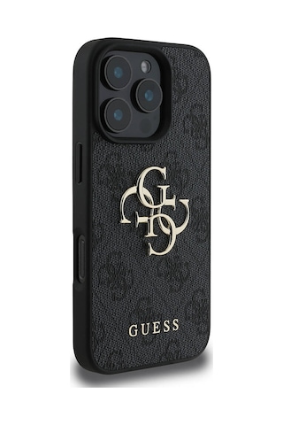 Apple iPhone 16 Pro Uyumlu Kılıf Guess  Lisanslı Pu Deri 4g Desen Metal Büyük 4g Ve Yazı Logo Siyah