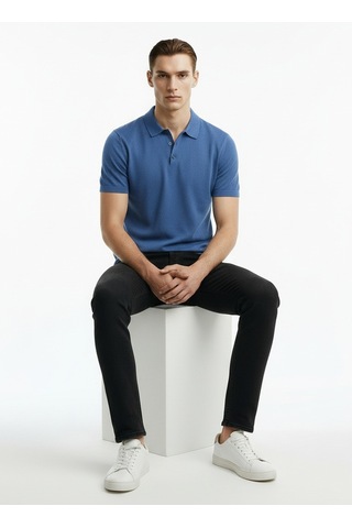 Alpha Studio Mavi Erkek Slim Fit Kazak Au-1041bs Cold Dye Polo Indigo