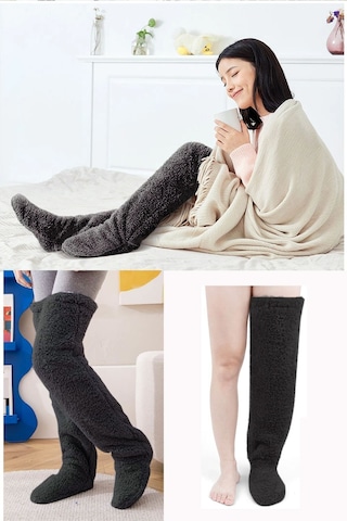 Sauna Suit Siyah Sock Peluş Uyku Çorabı Welsoft Diz Üstü Oda Çorabı Ayak Isıtıcı Uzun Gonç Çorap Siyah