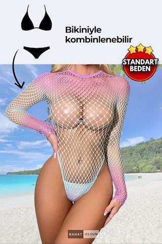 Geniş Fileli Uzun Kollu Lila Ve Turkuaz Renk Geçişli Vücut Çorabı