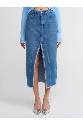 Dilvin Yırtmacı Püsküllü Uzun Etek Mavi