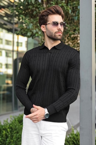 Madmext Siyah Polo Yaka Saç Örgü Desenli Erkek Triko Kazak E7519