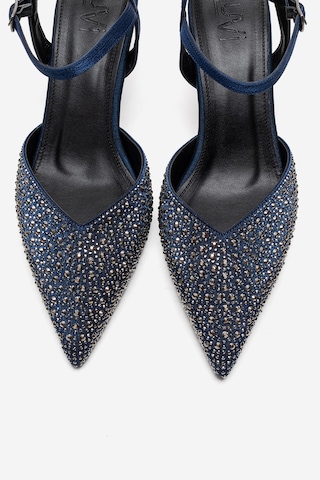 Luvishoes Vilka Lacivert Saten Taşlı Kadın Sivri Burun İnce Topuklu Abiye Ayakkabı