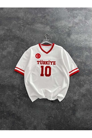 Yılmazergiyim Pamuklu Milli Takım Temalı Oversize T-shirt Ov-mt-01 Beyaz