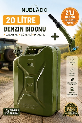 20 Litre Metal Benzin Bidonu 2 Li Set Sızdırmaz Kapaklı Akıtma Aparatlı Dayanıklyakıt Taşıma Bidonu