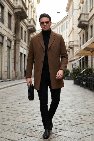 Buratti Slim Fit Tek Yırtmaçlı Düğmeli Mono Yaka Kaşe Erkek Kaban 5840098 Taba