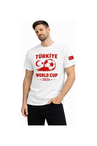 Erkek Türkiye World Cup 2026 Baskılı Tişört Futbol Temalı Forma T-shirt - Beyaz