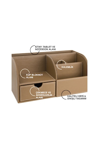Masaüstü Düzenleyici,kalemlik,kumandalık,küpbloknotluk,tabletlik,kitaplık,6 Gözlü,çekmeceli,desktop Organizer,vegan,24,5 13 12 Vizon