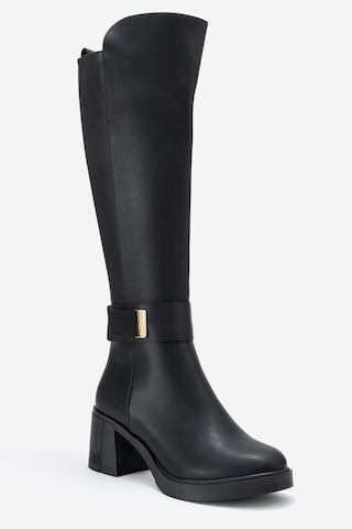 Luvi Shoes Moreni Siyah Cilt Streç Detaylı Tokalı Kadın Kalın Topuklu Çizme