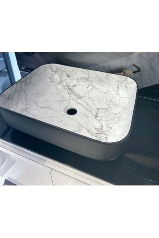 Boheme Scope 50 Cm Mat Siyah Calacatta Tezgah Üstü Çanak Lavabo Şık Tasarım Krom