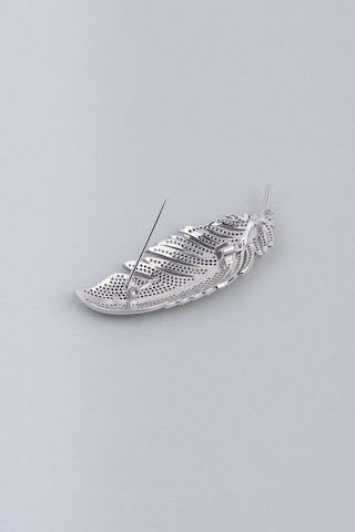 Baykuş Tüyü 18 Ayar Beyaz Altın Kaplama Gümüş Broş Beyaz