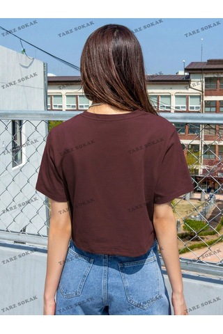 Flood Of Style Crop Ckod-232913 Dazy Kadın Slogan Desenli Kısa Kollu Kısa Bordo