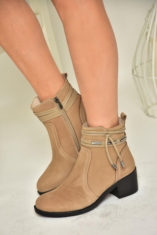 Fox Shoes T555703303 Vizon Hakiki Deri Kalın Topuklu Kadın Bot Vizon