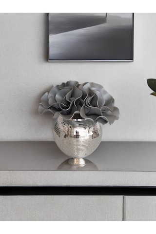 Işıltı Home Desing Aynalı Yuvarlak Cam Vazo Orta Boy Gri