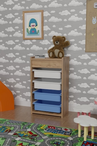 4 Sepetli Çok Amaçlı Oyuncak Dolabı Atlantik Çam Beyaz - Mavi Kahverengi