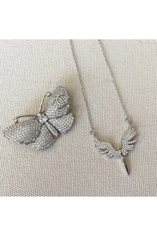 Mikail Meleği Taşlı Çelik Kolye Broş Set Çok renkli