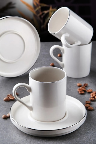 12 Parça 6 Kişilik Stackable Platin Gümüş Yaldızlı Kahve Fincan Takımı - Kahve Fincanı Seti 100ml Beyaz Gümüş