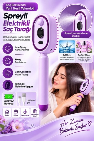 Elektrikli Spreyli Saç Tarağı 300 Mah Type C Şarjlı İnce Spreyli Antistatik Bakım Fırçası Mor