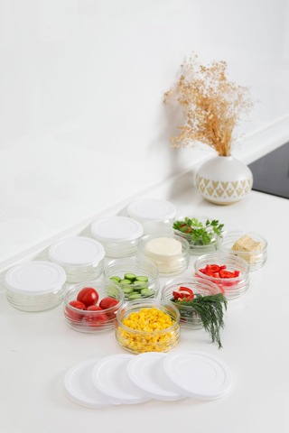 12'li Premium Kahvaltılık Seti 410 Cc Beyaz Plastik Kapaklı Cam Saklama Kabı, Hava Geçirmez Beyaz